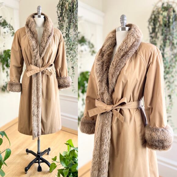 Vintage 1970s Trench Coat 70s Faux Fur Lined Tan Belted Winter Wrap Raincoat